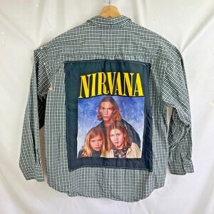 UPCYCLED Mens Plaid Shirt XL Long Sleeve Nirvana Hanson Skater Patch Punk Grunge